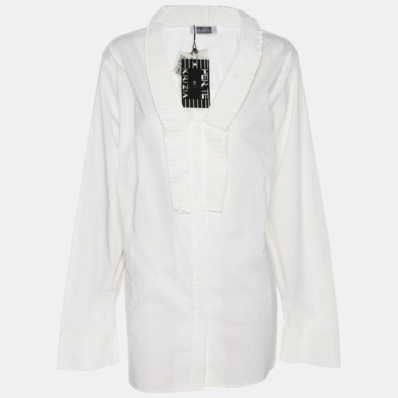 Perte By Krizia White Cotton Blend Ruffle Front Long Sleeve Shirt L